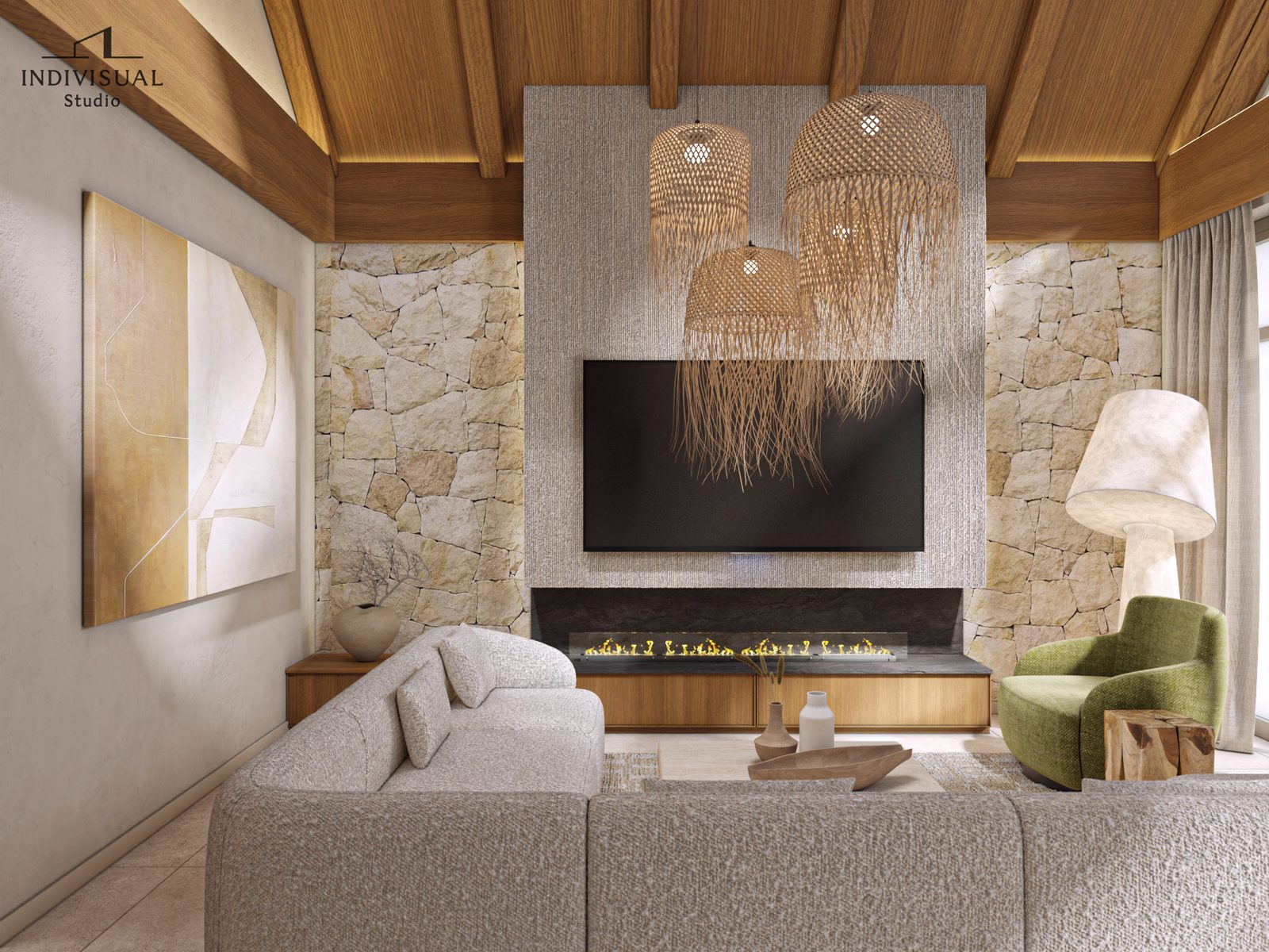 Nappali kőkandallóval